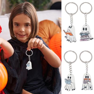 Portachiavi Fantasma di Halloween Fantasma Cartone Animato con Libro Ciondolo Leggero Legno Portachiavi Gioielli di Halloween per Donna