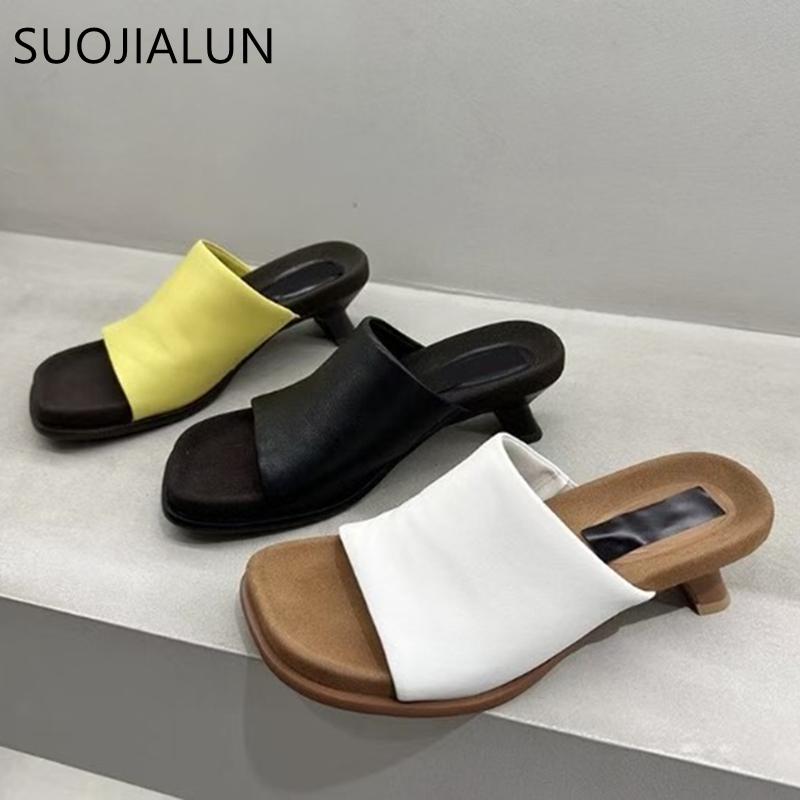 Fashion SUOJIALUN 2025 Summer New Brand Women Slipper Fashion Square Toe Slip On Ladies Elegant Slides Square Med Heel Casual Sandal Sho