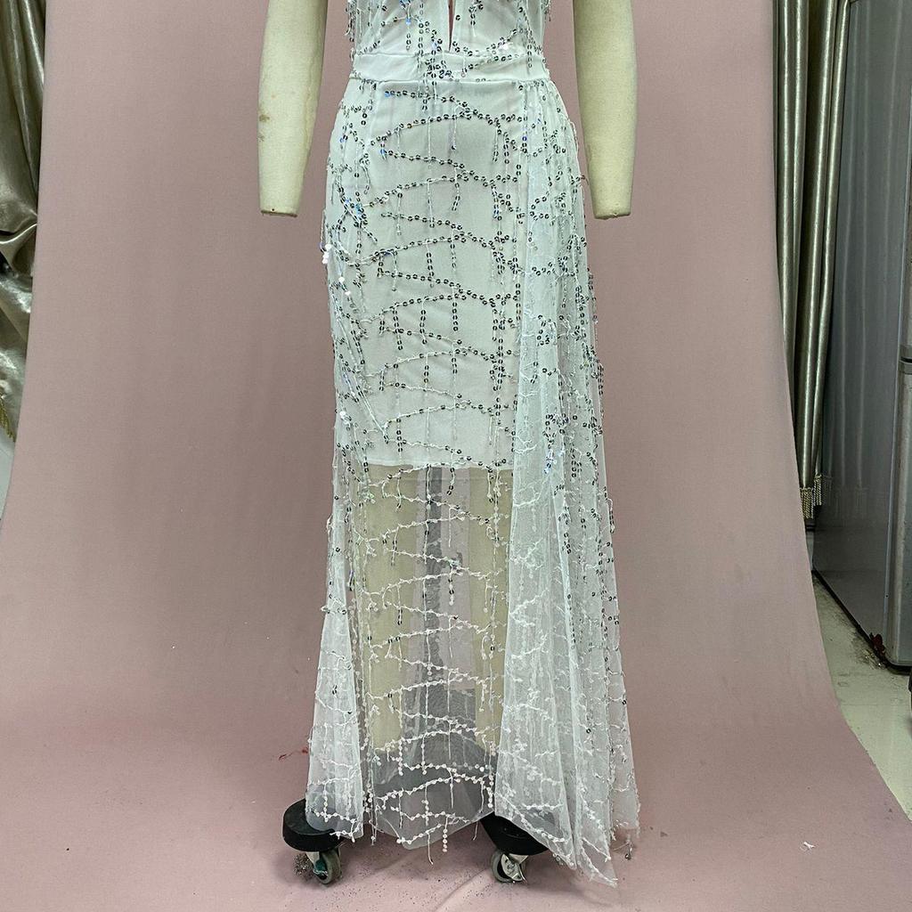 2026 Summer Gorgeous Women's Dress: Strappy, Sexy V-Neck with Silver Foil and Dazzling Sequins for Evening Glamour