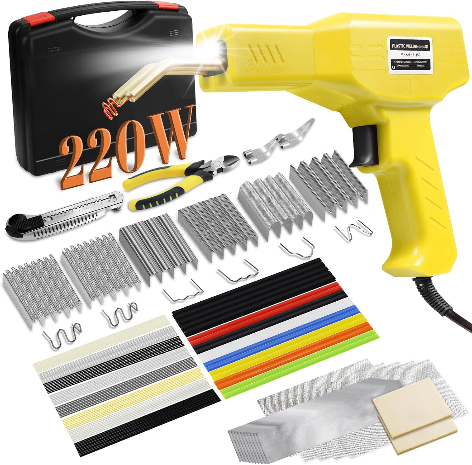 

220W Plastic Welder, 2-in-1 Repair Kit with 1000 Hot Staples & 92 Rods for Car Bumper Cracks (Red)