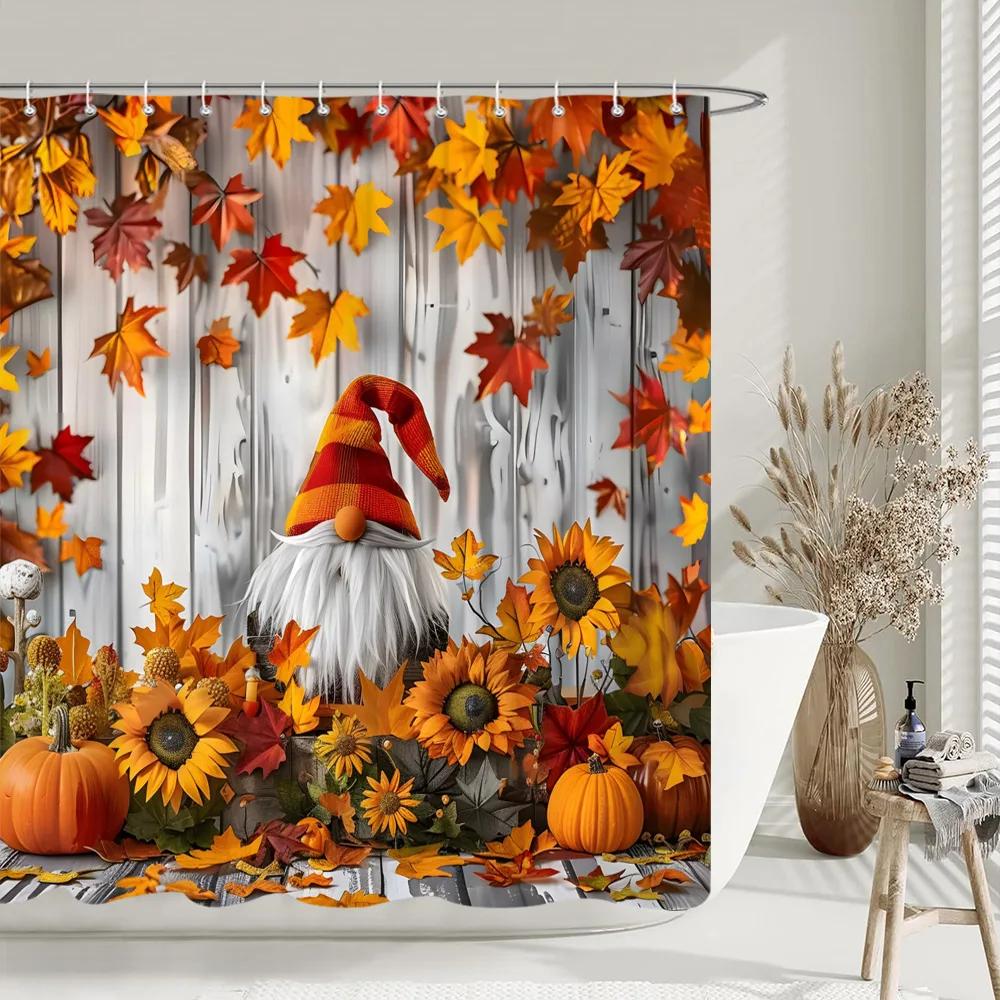 Rustic Farms Pumpkin Shower Curtain Thanksgiving Autumn Sunflower Polyester Fabric Shower Curtain Bathroom Decorative with Hooks