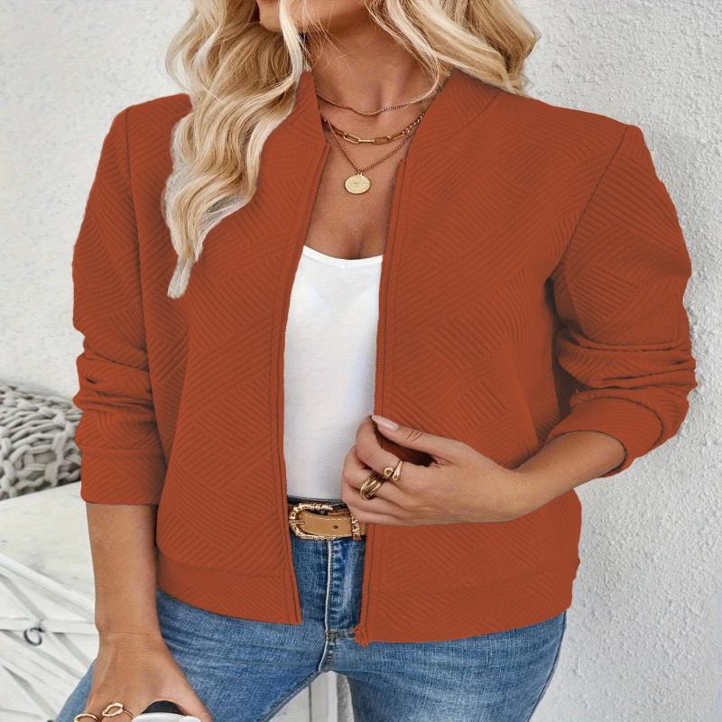 Women's Solid Textured Zip Up Jacket Casual Long Sleeve Mock Neck Outerwear for Spring & Fall  Ladies Clothes for Daily Wear