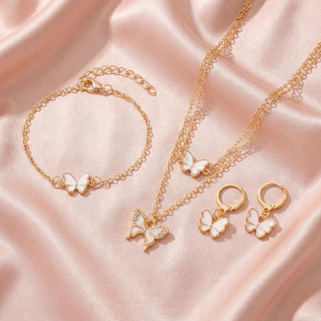Exquisite and Luxurious Butterfly Pendant Necklace and Bracelet Set, Unique High-End Oil-Drip Earrings