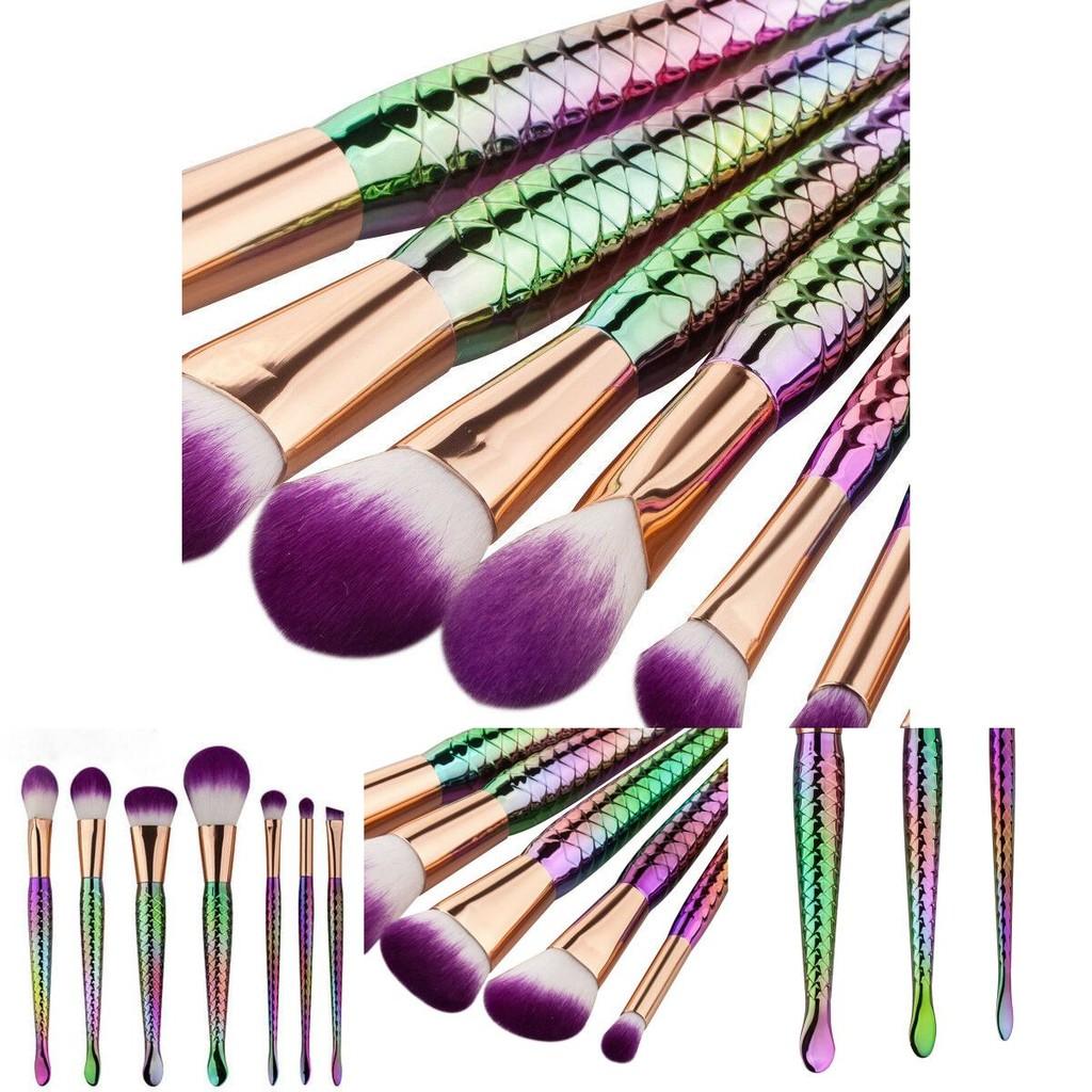 Gujhui Mermaid Makeup Brush Set 5 Pieces Nylon Brushes Long Handle Purple Hair Exquisite Design