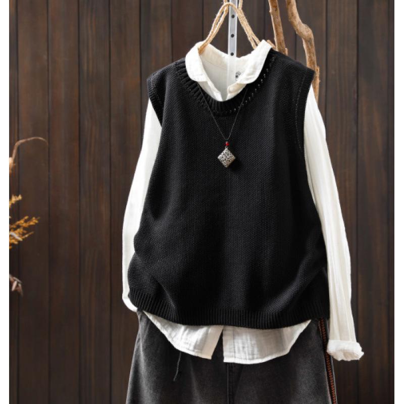 Women's Crew Neck Sleeveless Loose Fit Retro Knit Vest Loose Fit Layering Waistcoat