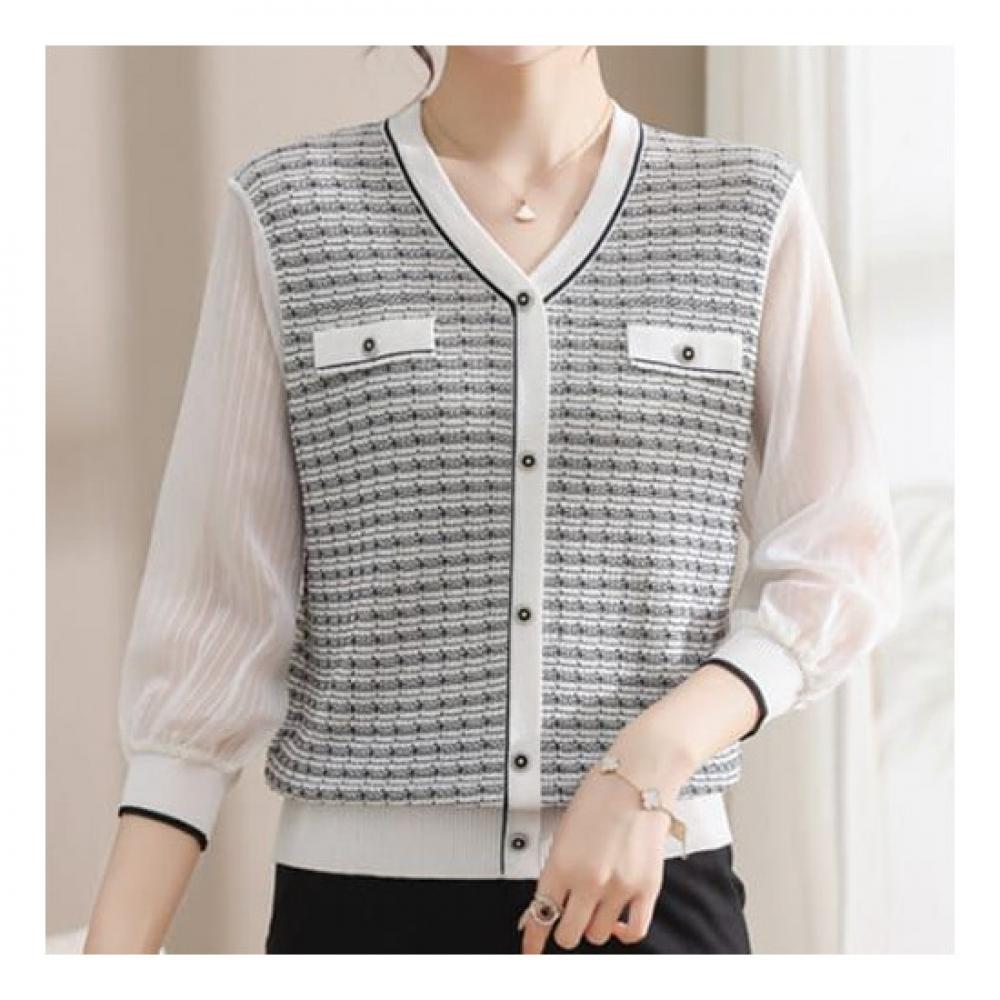 NaVaVa Women S Check See Through V Neck 7 8 SleeVeS Knitted Sweater Nk2024