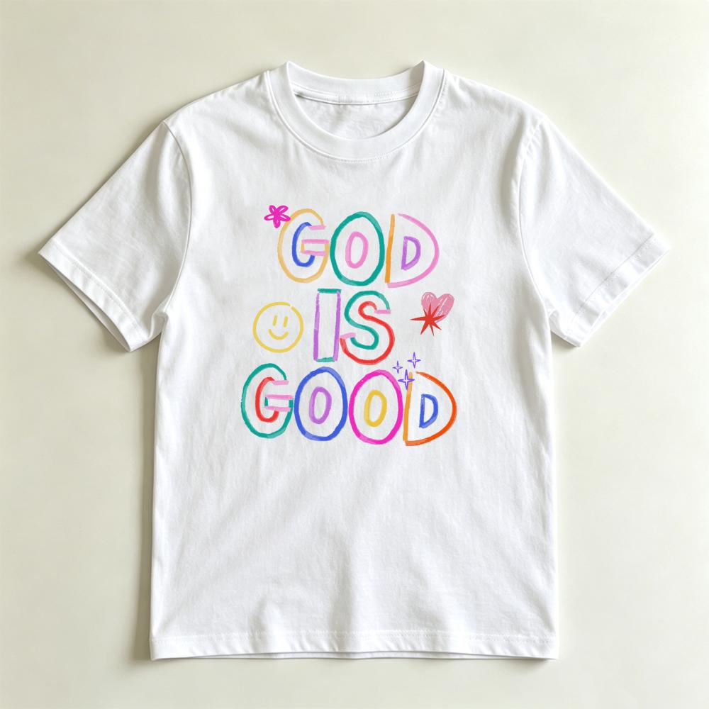 Christian Faith Lover Tshirt Cute Rainbow Doodle God Is Good Inspirational Lettering Print Top Religious Positive Casual Tee S