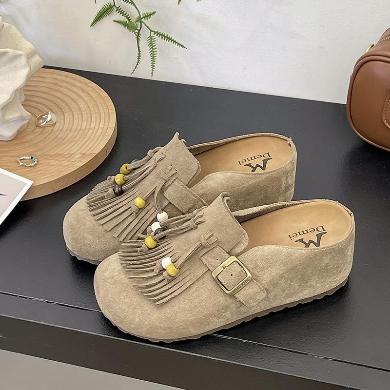 2025 autumn new tassel beaded matte leather flat-bottomed slippers women's casual shoes belt buckle inner heightening bag head drag