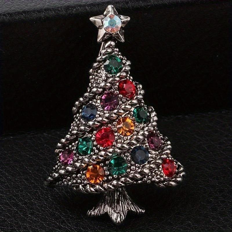 Christmas Tree Shape Sparkling Brooch Unisex Vintage Green Rhinestone Plants Party Casual Brooch Pin Gift Accessories for Women