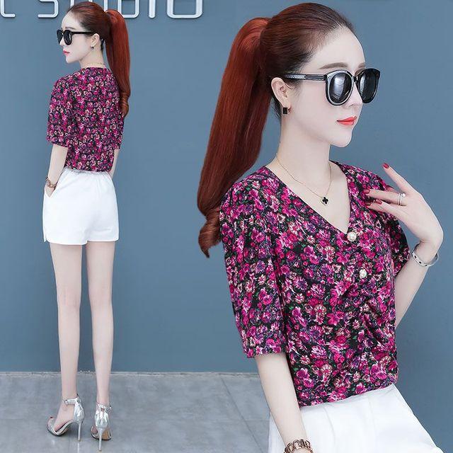 Floral Short Sleeve Chiffon Shirt for Women's Summer New Korean Version Top Loose V Neck Print Bottoming Blouse M-3XL