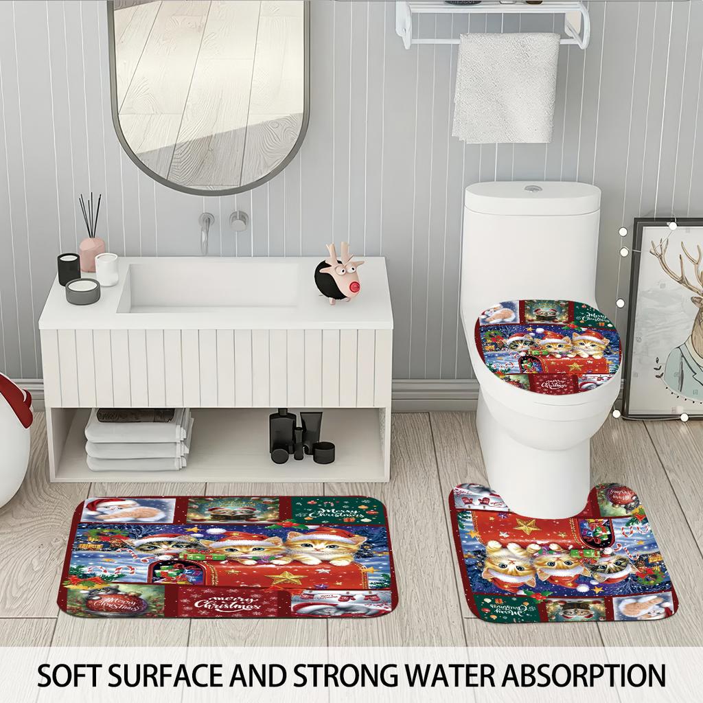 4pcs Christmas Cat Printed Bathroom Set 180x180 Waterproof Shower Curtain, Floor Mat, U-shaped Mat, and Toilet Mat