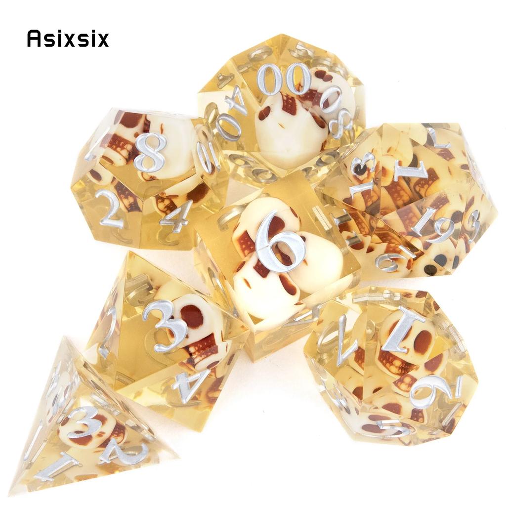 7 Pcs Yellow Skull Resin White Number Sharp Edge Dice Polyhedral Dice Suitable For Role-Playing Dice PropBoard Game Gift