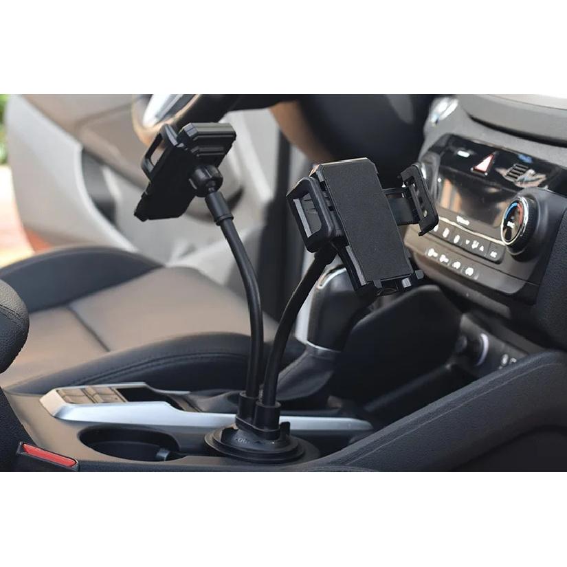 Dual Clamp Car Cup Phone Mount, Flexible Gooseneck 360°Rotatable Bracket Holds Two Smartphones, Universal Auto Cup Slot Stand