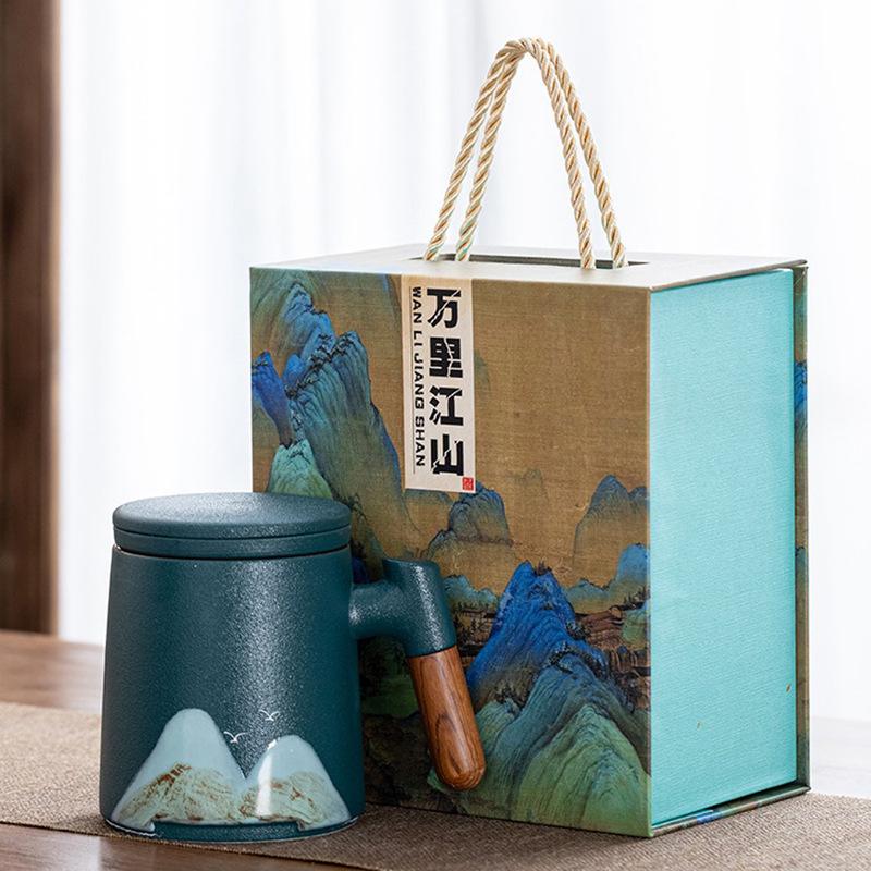 Guochao Holzgriff Yuanshan Keramiktasse mit Deckel Qianli Weißporzellan Jiangshan Büro Tee- und Wasserseparation Geschäftsgeschenk
