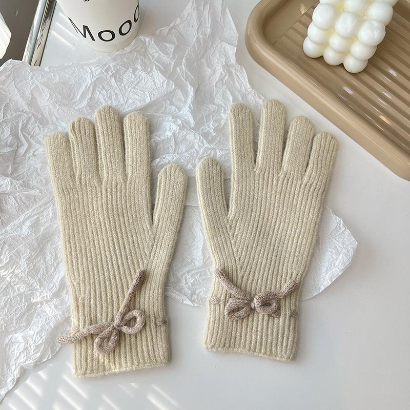 Autumn and Winter New Solid Color Cute Bow Korean Style Sweet Split Finger Touch Screen Student Cold Proof Warm Gloves