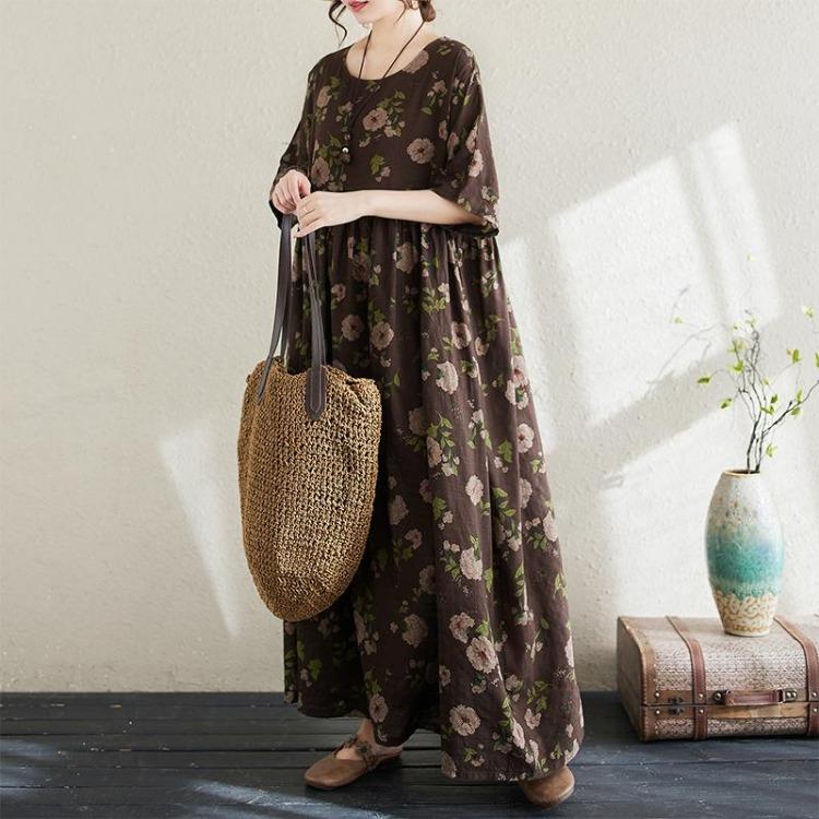 

New Summer Floral Print Beach Dress Plus Size Women Long Loose Casual Holiday Fashion Lady Dresses O Neck 660 One Size
