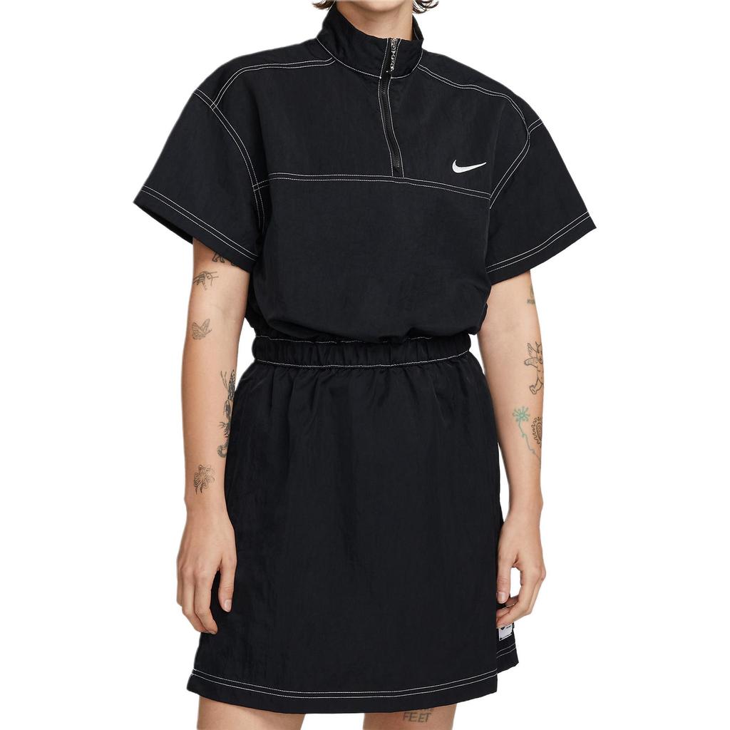Nike Solid Color Logo Micro Mark Casual Stand Collar Short Sleeve Dress Women Dresses Black DM6197-010
