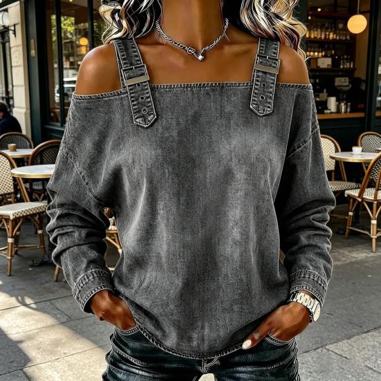 Women Shirt Adjustable Straps Off Shoulder Long Sleeve Pullover Tops Pure Color Denim Tops Travel Leisure Daily Wear