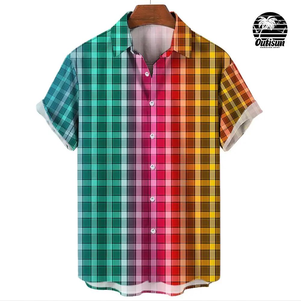 Summer Fashion Plaid Rainbow Print Men's Short Sleeve Casual Shirt Pride Month Party Outfit Tops Street Trend Party Oversized