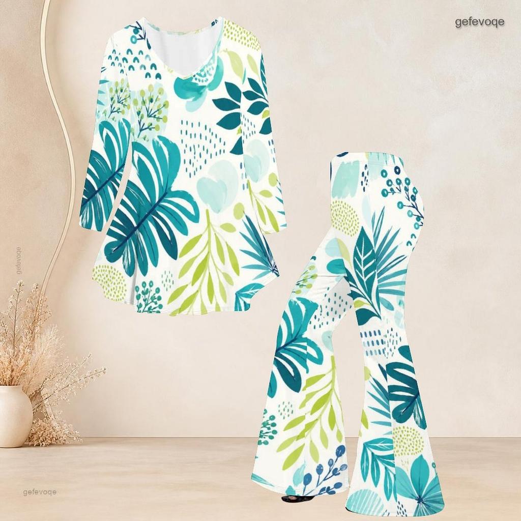 Women Plus Size Printed Round Neck Three Quarter Sleeve Flared Top And Flared Pants Two Piece Set