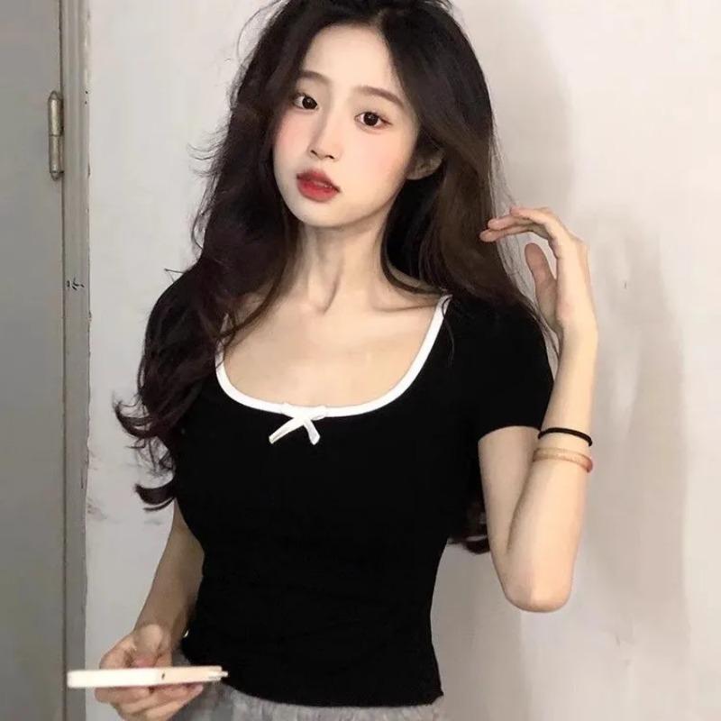 

Sweet Hot Girl Black Square Neck Bow Short-sleeved T-shirt Women s Summer Shoulder-baring Short Top Pure Cotton Bottoming Shirt L чёрный