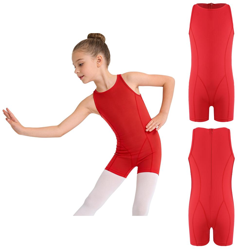 Kids Girls Gymnastics Dance Bodysuit Round Neck Sleeveless Back Invisible Zipper Thigh Length Jumpsuit for Practice Training