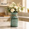 American Pastoral Style Decor Vintage Metal Milk Can Vase, Farmhouse Iron Flower Bucket with Handles & Jute Handmade Hemp Rope Ornament Bow,