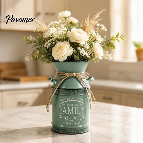 American Pastoral Style Decor Vintage Metal Milk Can Vase, Farmhouse Iron Flower Bucket with Handles & Jute Handmade Hemp Rope Ornament Bow,