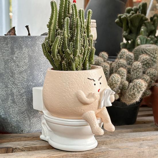 Funny Face Toilet Planter Decorative Resin Head Plant Pot Cute Face Planter with Drainage Hole for Succulents Small Houseplants Outdoor Use