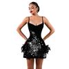 2026 Women's Rhinestone Feather Spaghetti Strap Bandage Mini Dress - Little Black Prom Party Dress