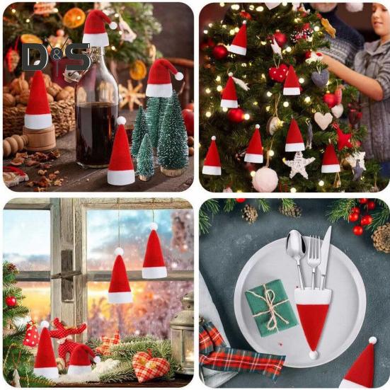 10ks Mini Santa klobouk Potahy na láhve vína Plyšový vánoční držák na nádobí Sametové čepice na lízátka Vánoční dekorace na večírek