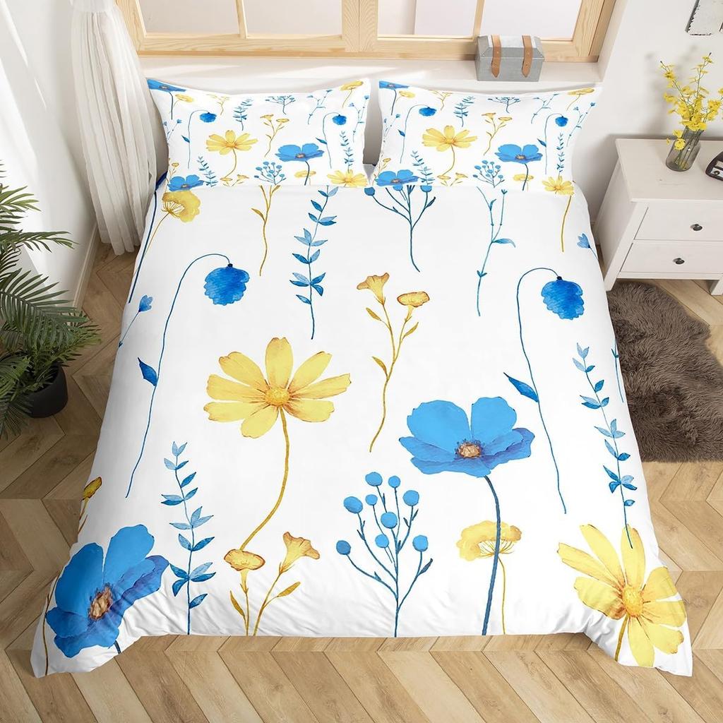 Watercolor Floral Down Duvet Cover Set Queen King Size Simple Pastoral Style Bedding Suitable for Kids Teens Adult Women 3 PCS