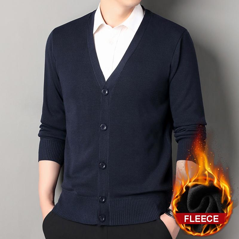 Autumn Winter Men's Smart Casual Knit Cardigan V-neck Sweatercoat Men Solid Knitting Fleece Sweaters Outwear