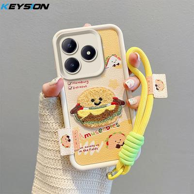 KEYSION Cartoon Cute Plush Embroidery Case for Realme C63 C61 with Lanyard Silicone Shockproof Phone Cover for OPPO Realme C53 C51