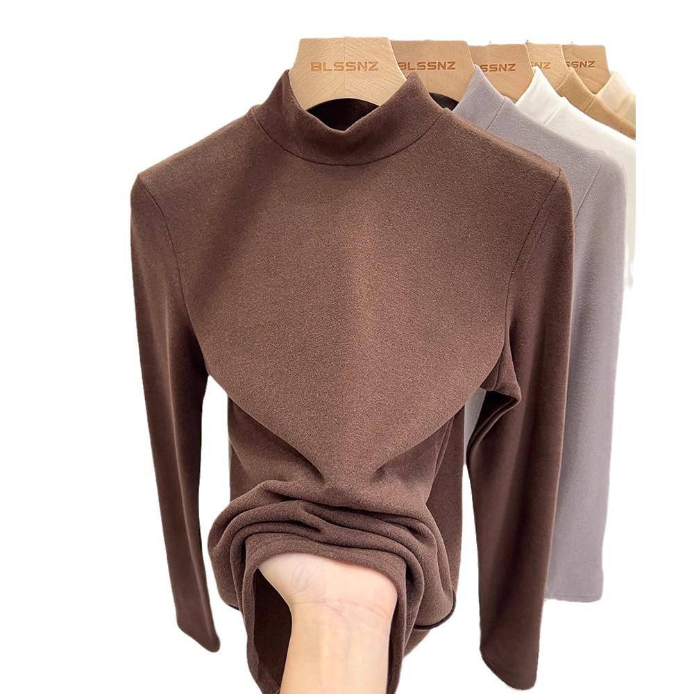 Velvet Semi-High Neck Long Sleeve Women's Modal Base Layer T-Shirt - Slimming White Autumn/Winter Fashion Top