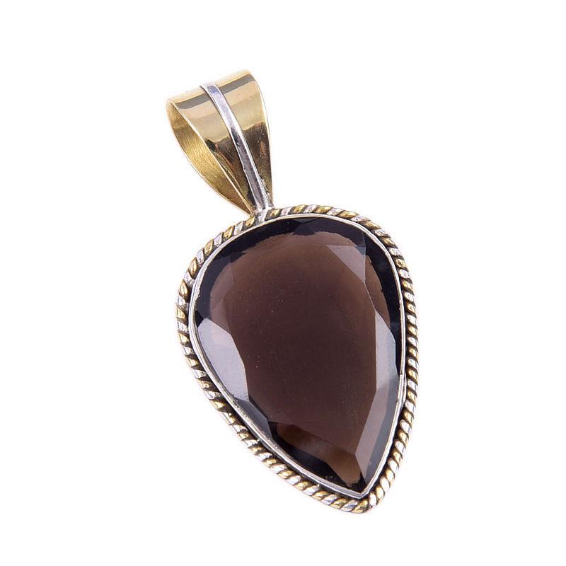 Natural Smoky Quartz 925 Solid Sterling Silver TwoTone Gift Pendant 1.50" h6S50