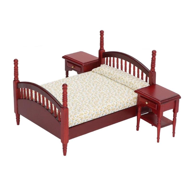 1/12 Scale Dollhouses Bedroom Set 6Pcs Realistic Wood Furniture Retro Bedside Table DIY Miniature Decors