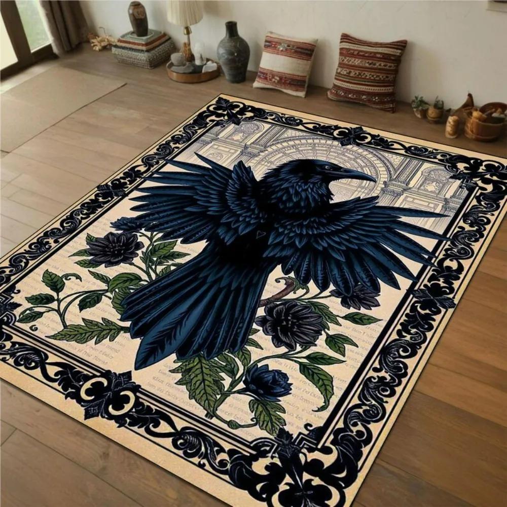 Floraler Baum Rabe Bereichsteppich Schwarzer Hintergrund Kunstteppich Böhmisches Wohnzimmer Schlafzimmer Dekorative Bodenmatte