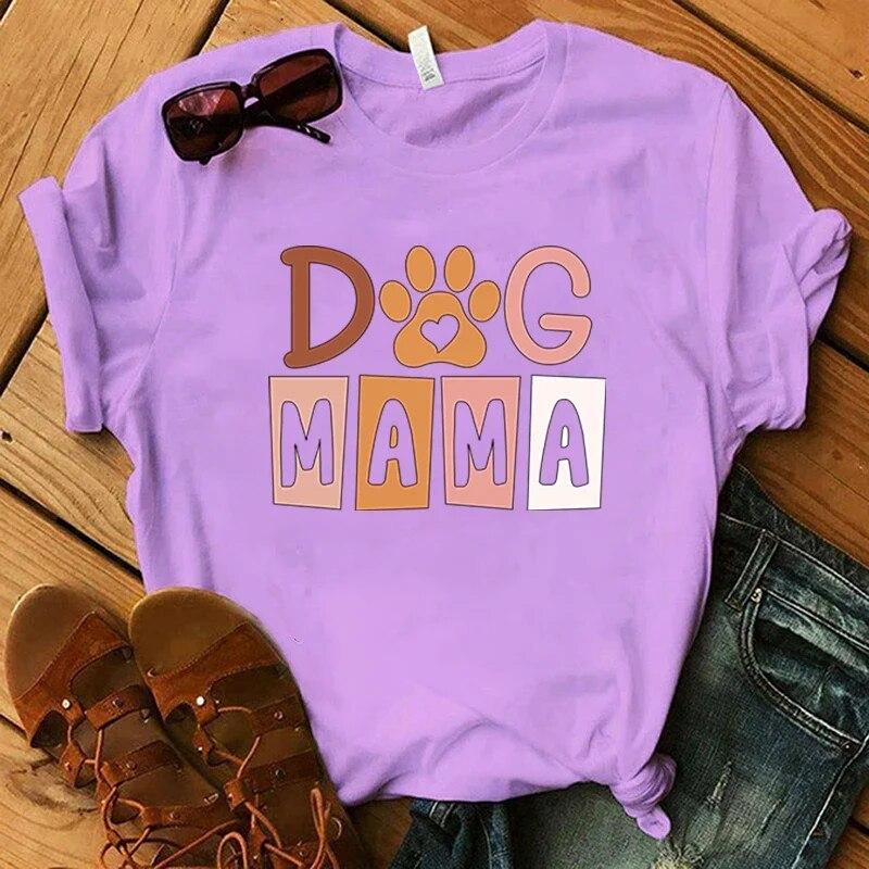 Dog Mama Printing T-Shirt Women Tees Round Neck T-Shirt