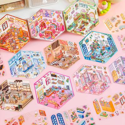 2 Sheets Cartoon Miniature Scene Stickers No Cutting Landscape Stickers 3D Stereoscopic Hut Hand Tent Stickers