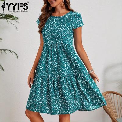 Moteriškos mados vasaros pavasario gėlių rašto spausdintos kasdieninės suknelės trumpomis rankovėmis O formos iškirpte aukštu juosmeniu