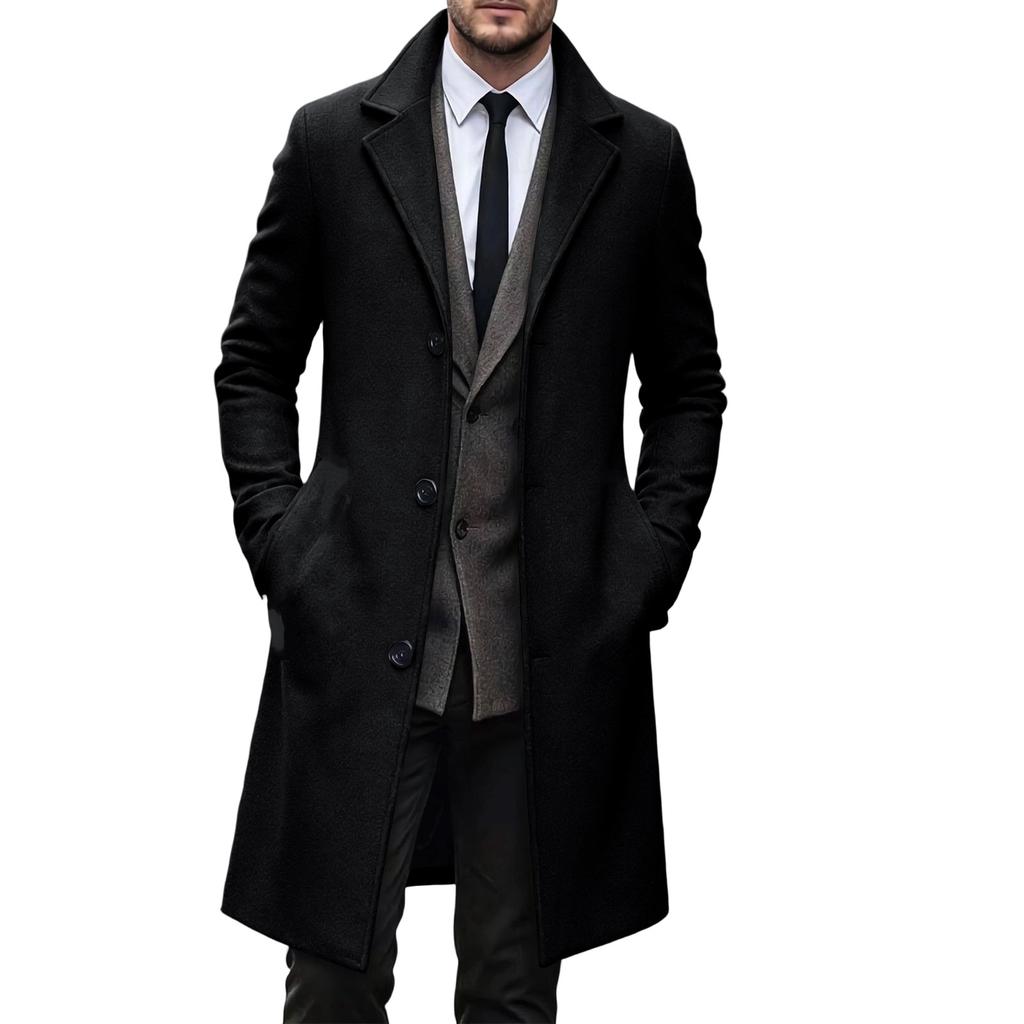 Men's Wool Mid-Length Overcoat Slim Fit Trench Coat for Fall and Winter