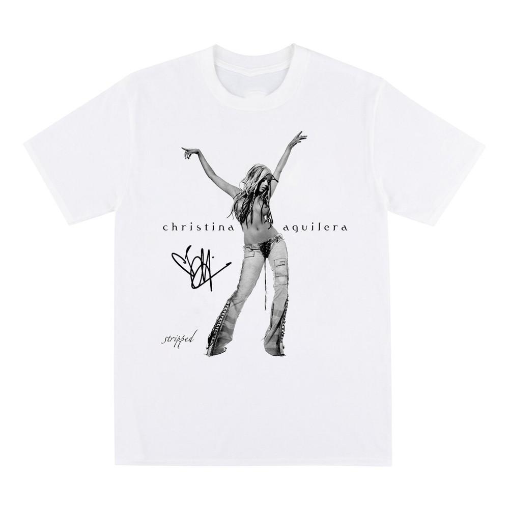 Nové pruhované tričko Christina Aguilera s podpisem Bílé Unisex S-5XL 1G0314 Unisex tričko