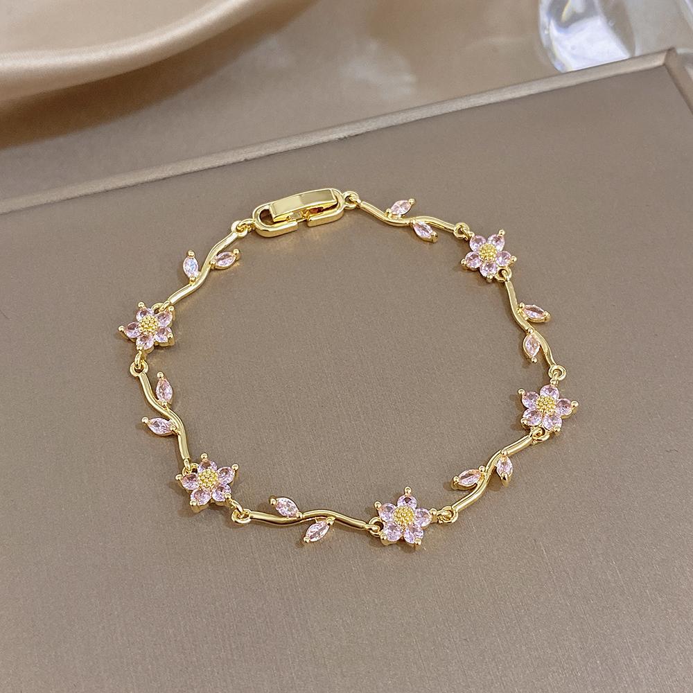 

Exquisite Stackable Stainless Steel Bracelets for Women Elegant Shiny Rhinestone Leaves Flower Charm Bracelet Lady Jewelry Gift