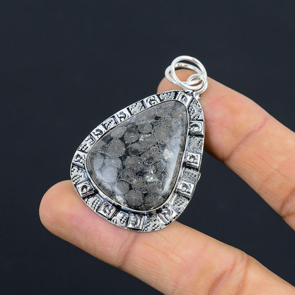 Halloween Sale Black Fossil Coral Stone 925 Sterling Silver Wife Pendant Jewelry