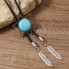 Men Women Western Cowboy Bolo Tie Vintage Turquoises Pendant Jewelry Leather Rope Necktie Tie Metal Feather Necklace