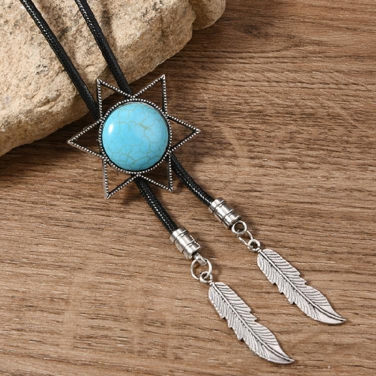 Men Women Western Cowboy Bolo Tie Vintage Turquoises Pendant Jewelry Leather Rope Necktie Tie Metal Feather Necklace