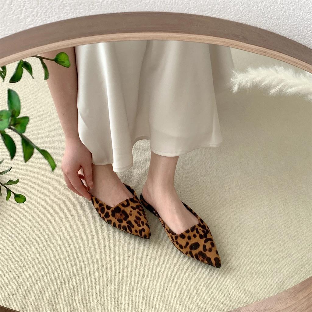 Papuci de femeie cu vârf ascuțit, cu design leopard, fără adâncime, cu tocuri subțiri, cu tocuri joase, cu design negru, papuci, papuci, papuci, pantofi negri pentru exterior