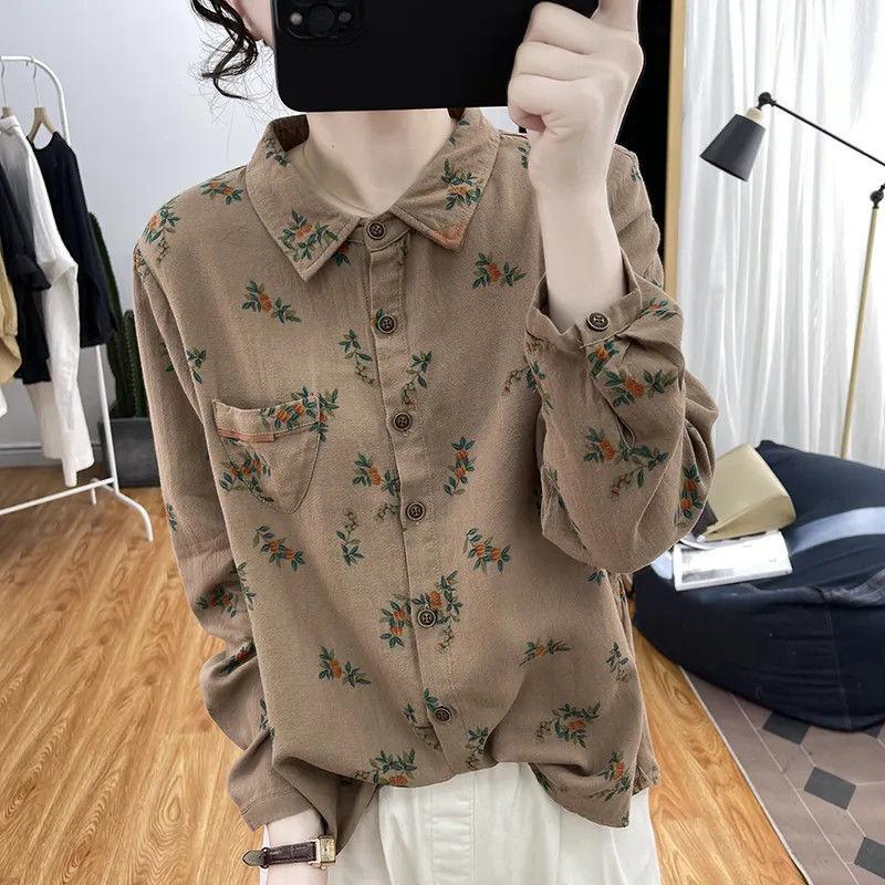 Korean Cotton and Linen Floral Long-sleeved Shirt for Women In Spring and Autumn with Printed Tops and Retro Bottoming Shirts