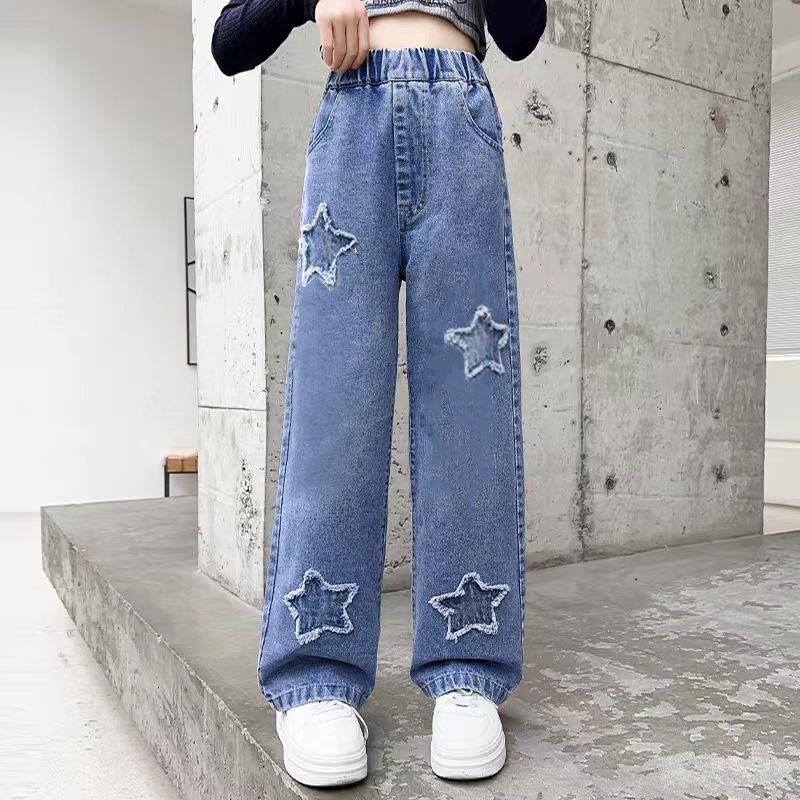 Bestickte Wide-Leg Jeans für Mädchen für Frühling & Herbst - Gerader & Lockerer Schnitt für Kleine & Ältere Mädchen